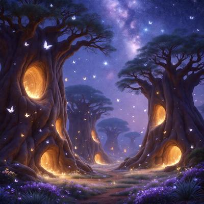 The primary subject of the image is a forest with a path leading through it. The setting is a nighttime forest with a starry sky, creating a serene and magical atmosphere. The visual style is a digital art or illustration, showcasing the beauty of the forest and the path. The colors and mood are predominantly purple and blue, giving the scene a dreamy and enchanting quality.